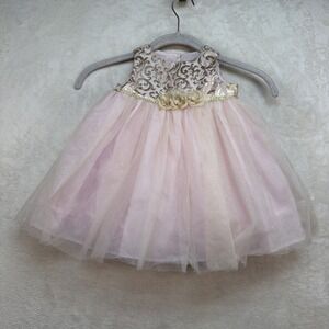 Marmellata Baby Girl Pink Tulle Flower Girl Dress‎ Gold Floral Wedding 6-9M